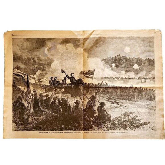 1864 General Sherman Civil War Dallas Wood Engraving Centerfold Victorian HM1 - Picture 2 of 6